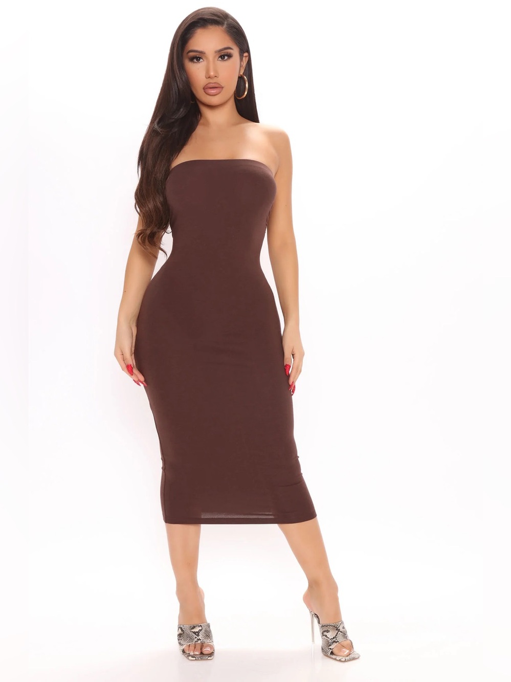Fashion Nova Brown Strapless Ribbed Bodycon Midi Tube Dress Stretch Womens XL